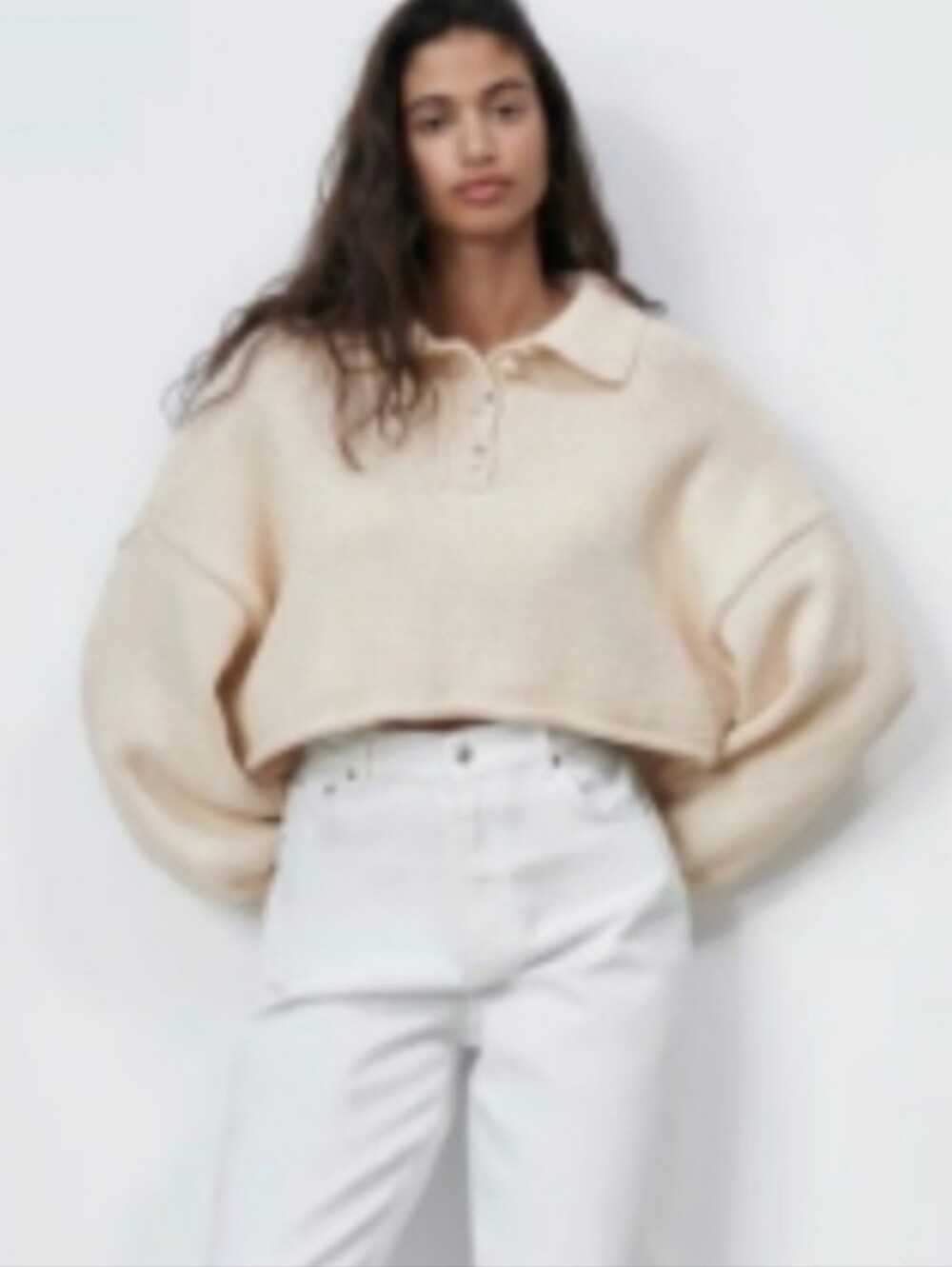 ZARA Cropped Cream Balloon Sleeved Polo Collar KnitSweater Sz Small - Picture 3 of 8